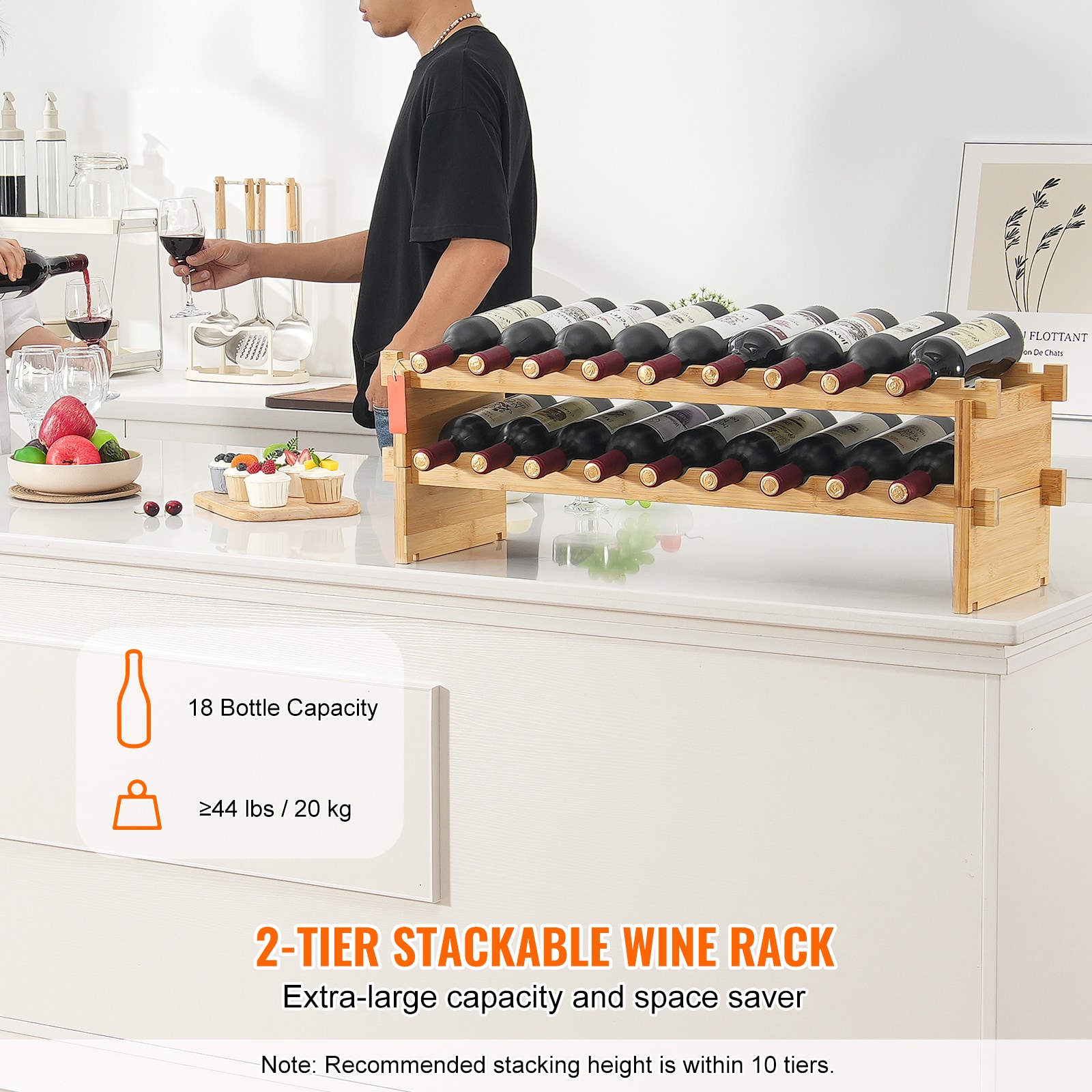 18 Bottle Stackable Modular Wine Rack Bamboo Wood Display Shelf 2-Tier_voghion.com